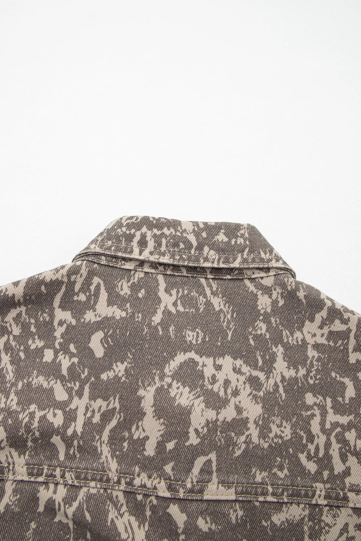 Khaki Abstract Print Long Sleeve Collar Raw Hem Denim Jacket