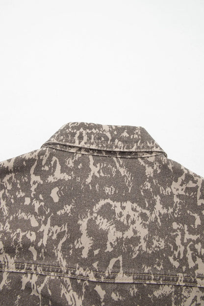 Khaki Abstract Print Long Sleeve Collar Raw Hem Denim Jacket