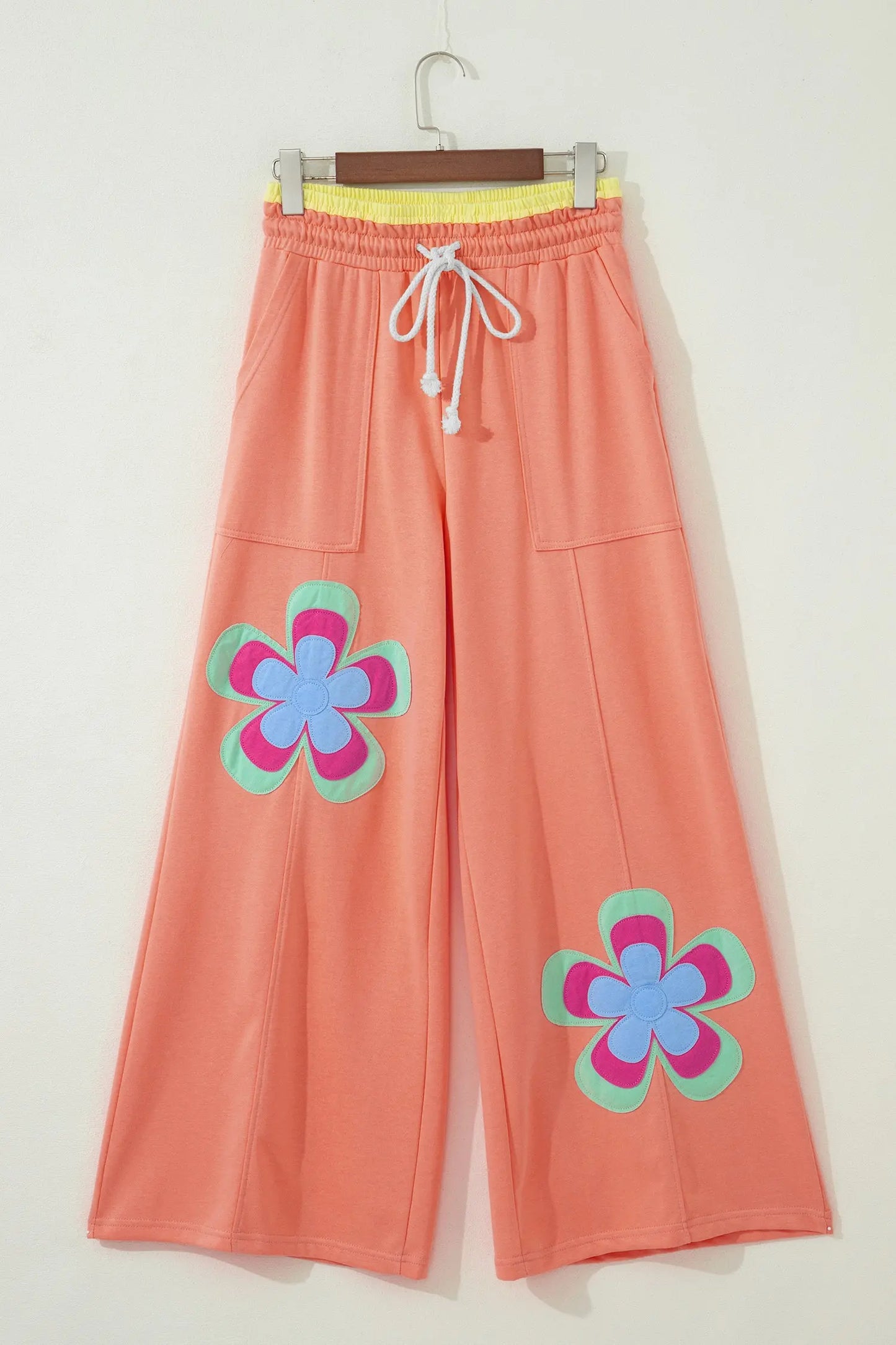 Grapefruit Orange Color Block Flower Patchwork Drawstring Contrasted Elastic Waist Wide Leg Pants Nataliz