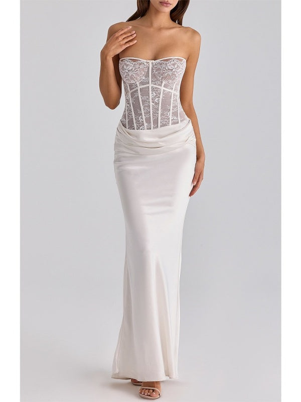 Strapless Lace Corset Maxi Dress in Ivory model front view · nz-alt-v1