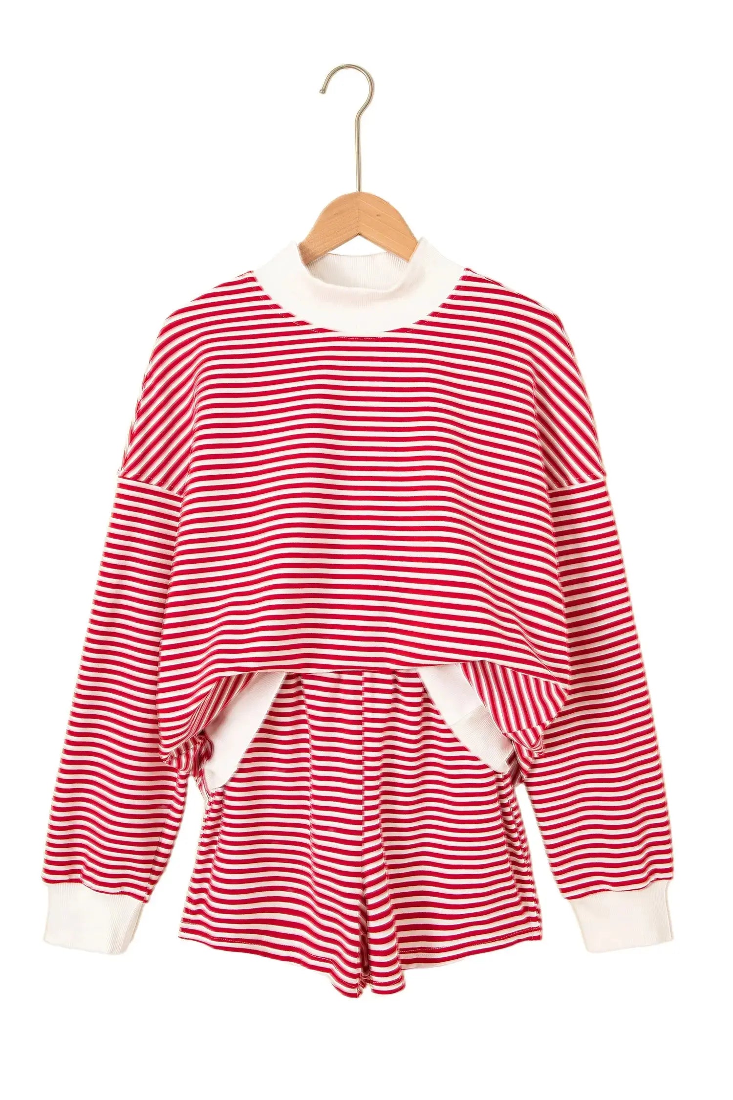 Red Stripe Oversize Mock Neck Sweatshirt and Shorts Set Nataliz