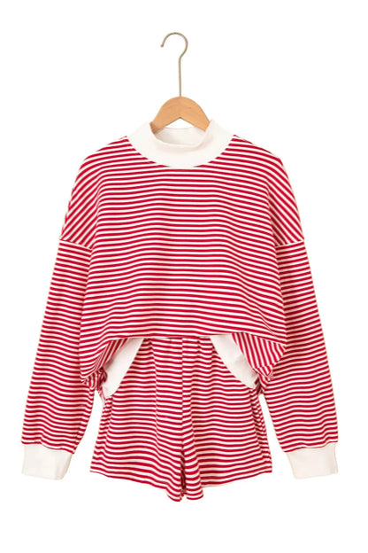 Red Stripe Oversize Mock Neck Sweatshirt and Shorts Set Nataliz