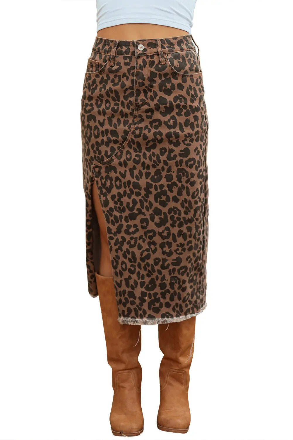 Brown Leopard Print Side Split Frayed Hem Denim Midi Skirt