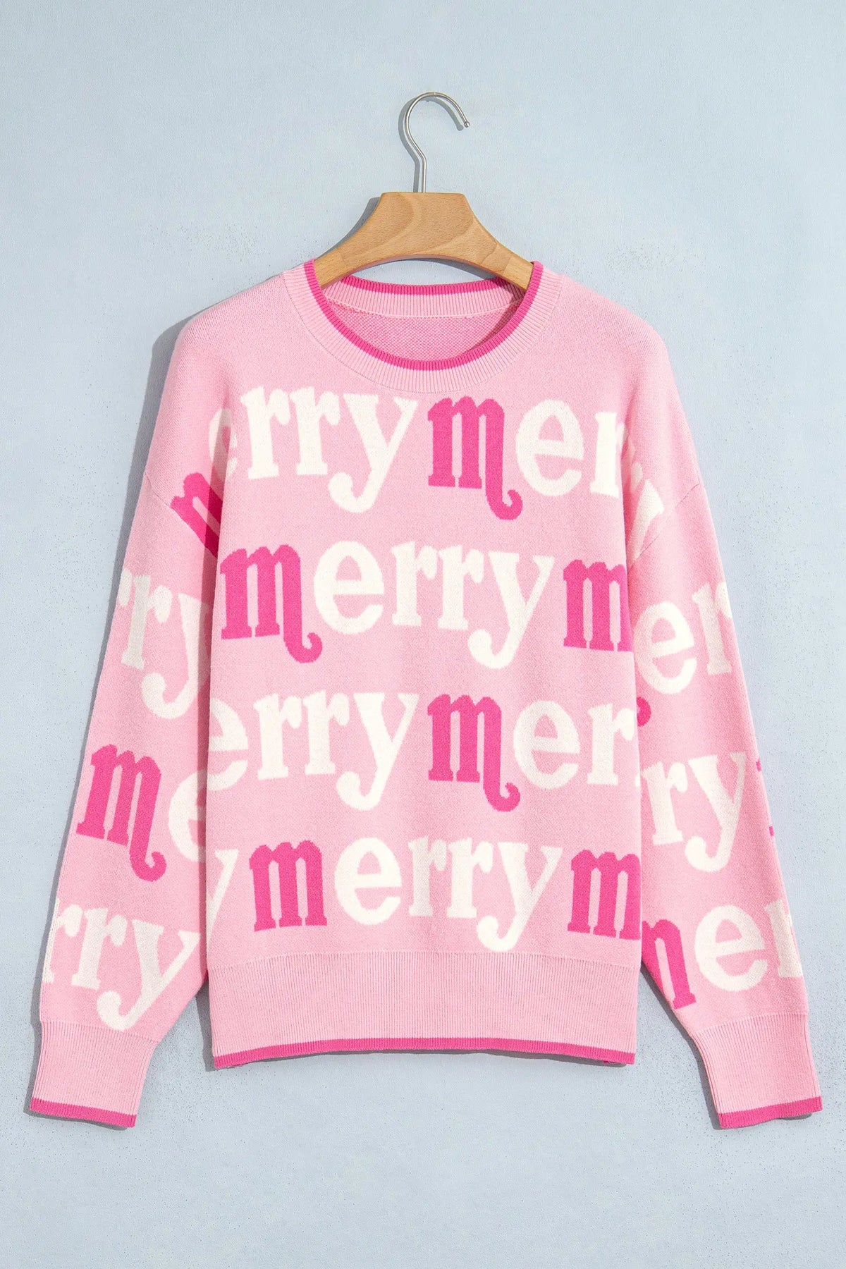 Pink All Over Merry Me Graphic Round Neck Knit Sweater