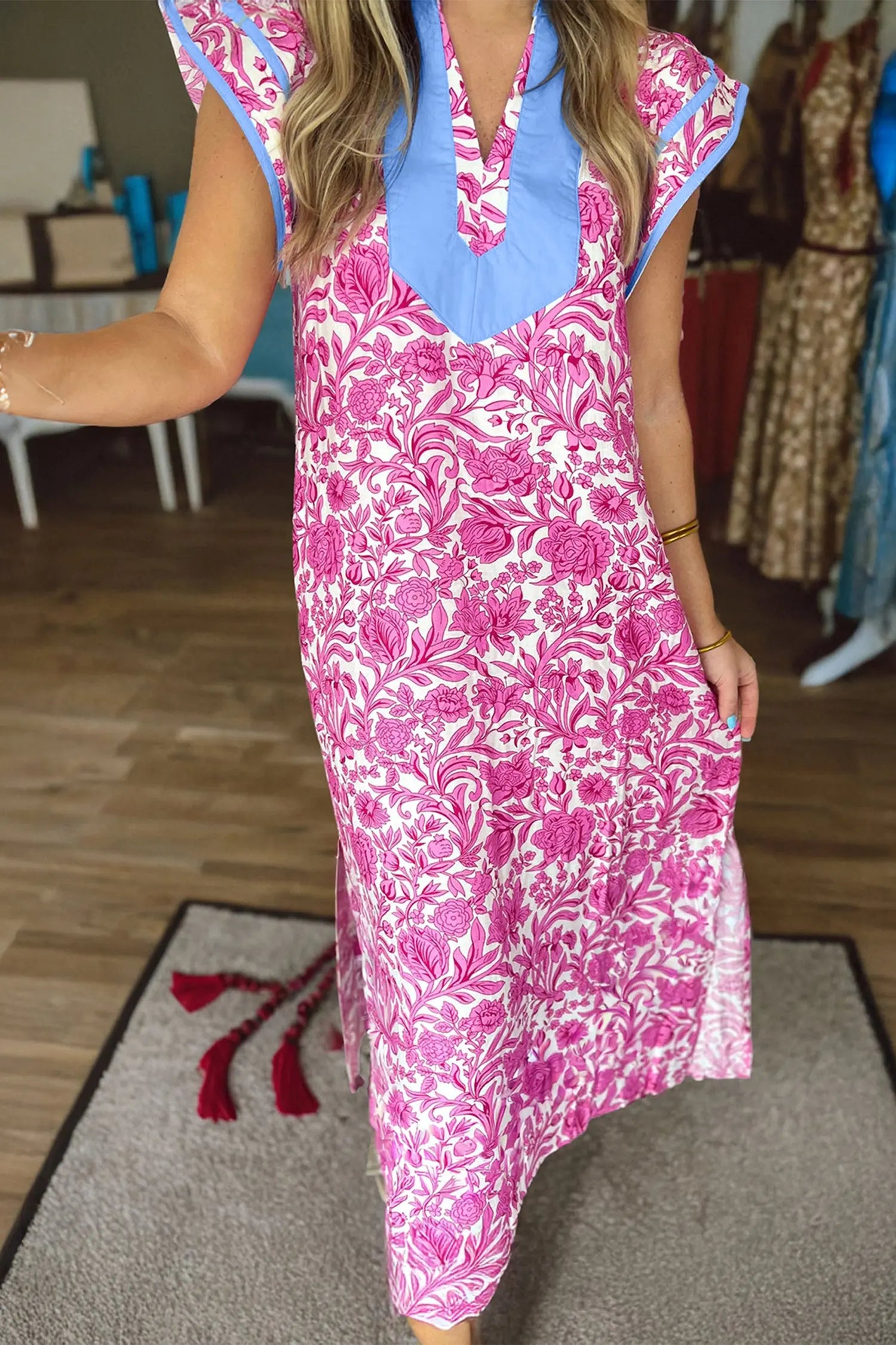 Pink Floral Print Color Block Patchwork V Neck Short Sleeve Midi Dress Nataliz