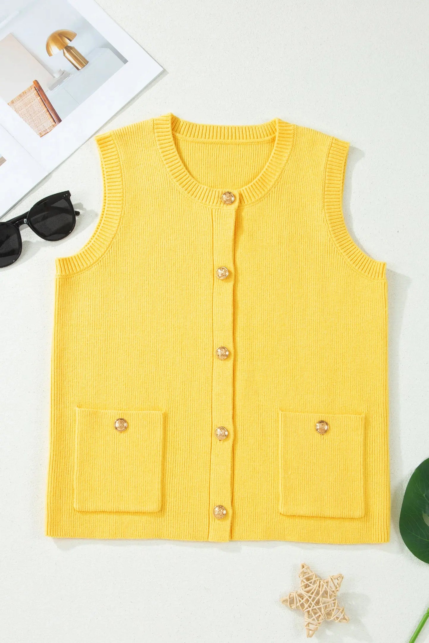 White Solid Color Sleeveless Knit Button Pocketed Sweater Nataliz