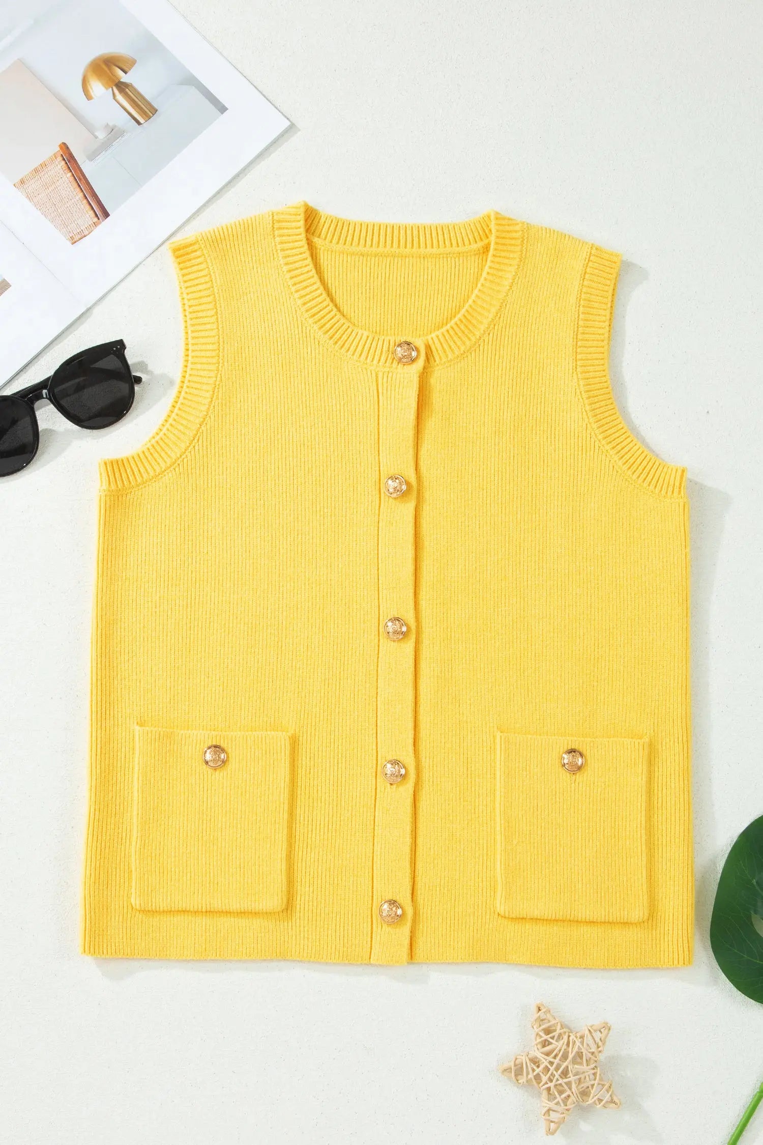 White Solid Color Sleeveless Knit Button Pocketed Sweater Nataliz
