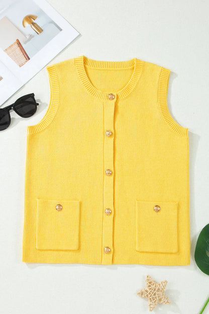 White Solid Color Sleeveless Knit Button Pocketed Sweater Nataliz