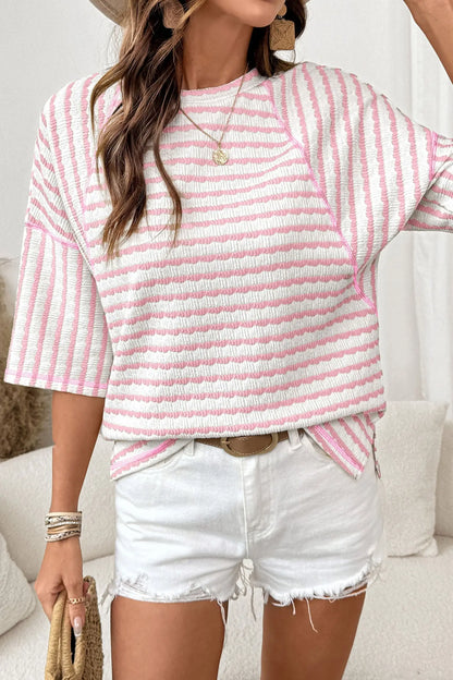 Brown Stripe Textured Knit Split Hem Half Sleeve Loose Top Nataliz