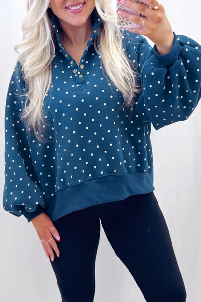 Pink Polka Dot Print Metal Button Collar Casual Pullover Sweatshirt