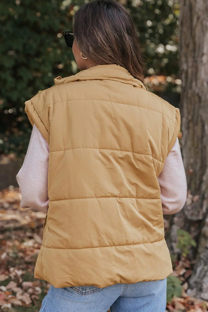 Khaki Oversized Stand Collar Zip Winter Vest