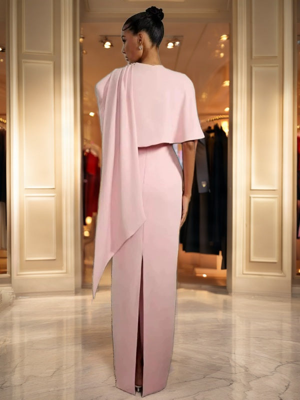 Blush Pink Embellished Cape Maxi Gown model back view · nz-bg-v1