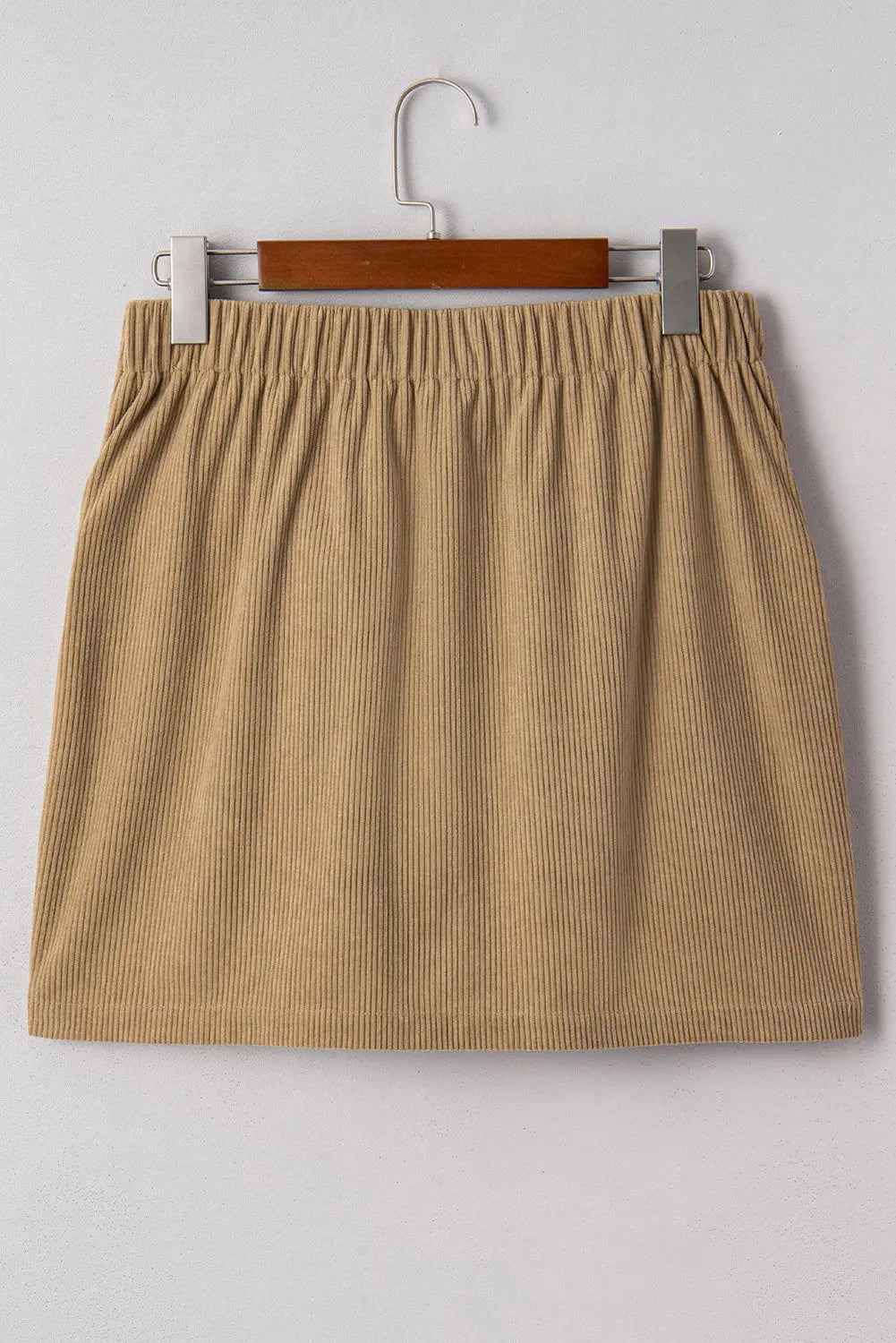 Camel Corduroy Buttoned Front Faux Pockets Mini Skirt