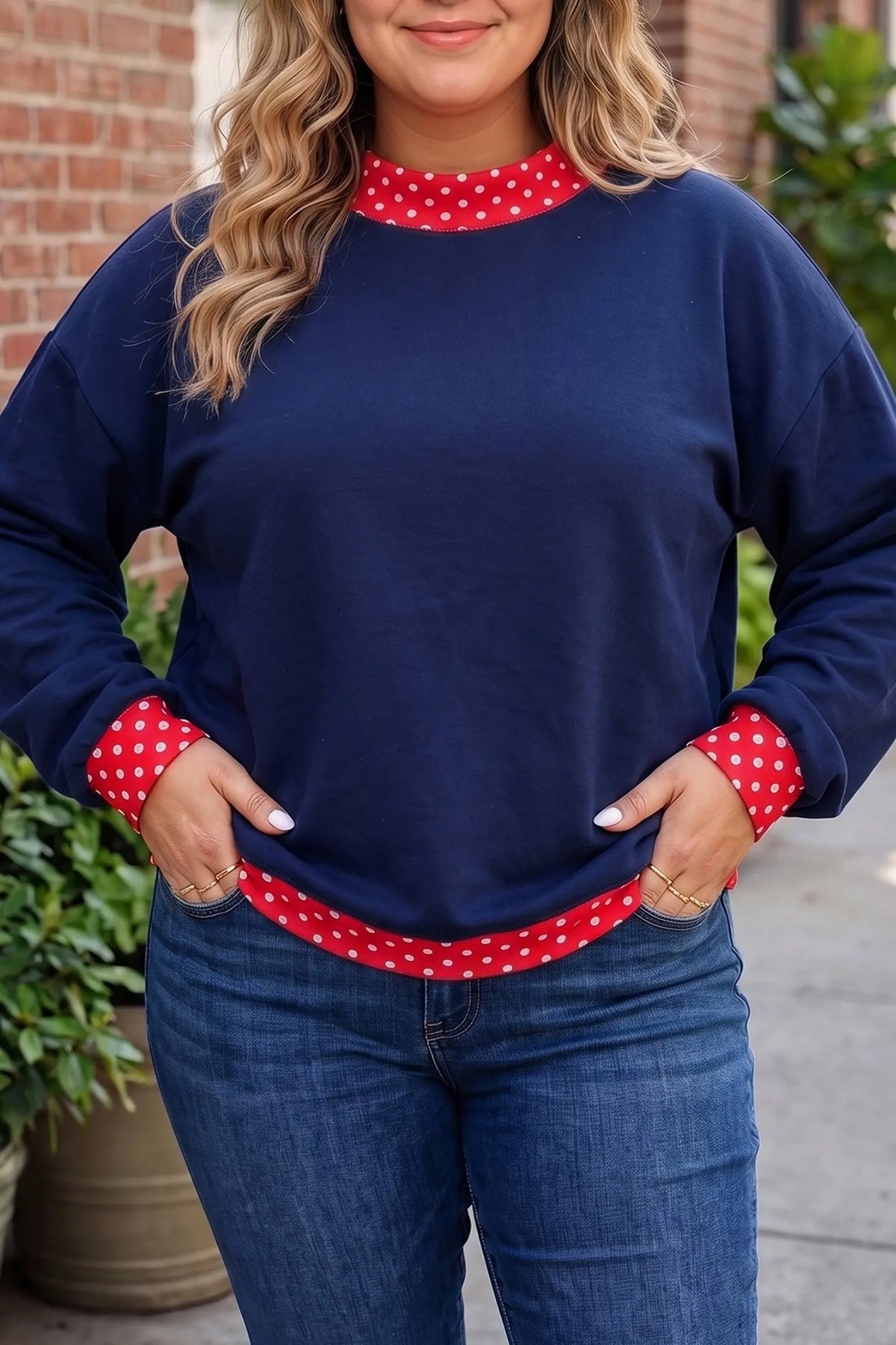 Polka dot patchwork round neck plus size sweatshirt dirty blue model front view · nz-alt-v1