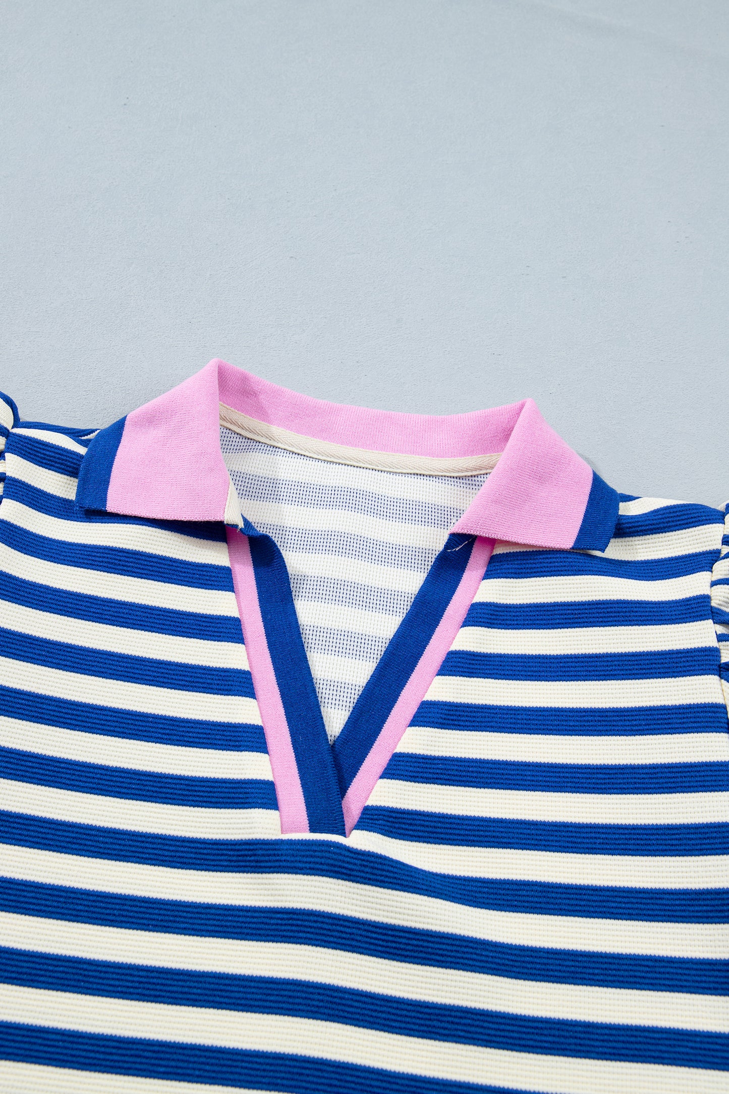 Blue Stripe Contrast Trim Polo Collar Ruffled Short Sleeve Blouse
