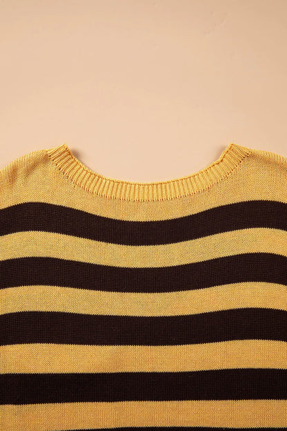 Brown Stripe Striped Drop Shoulder Colorblock Pullover Sweater