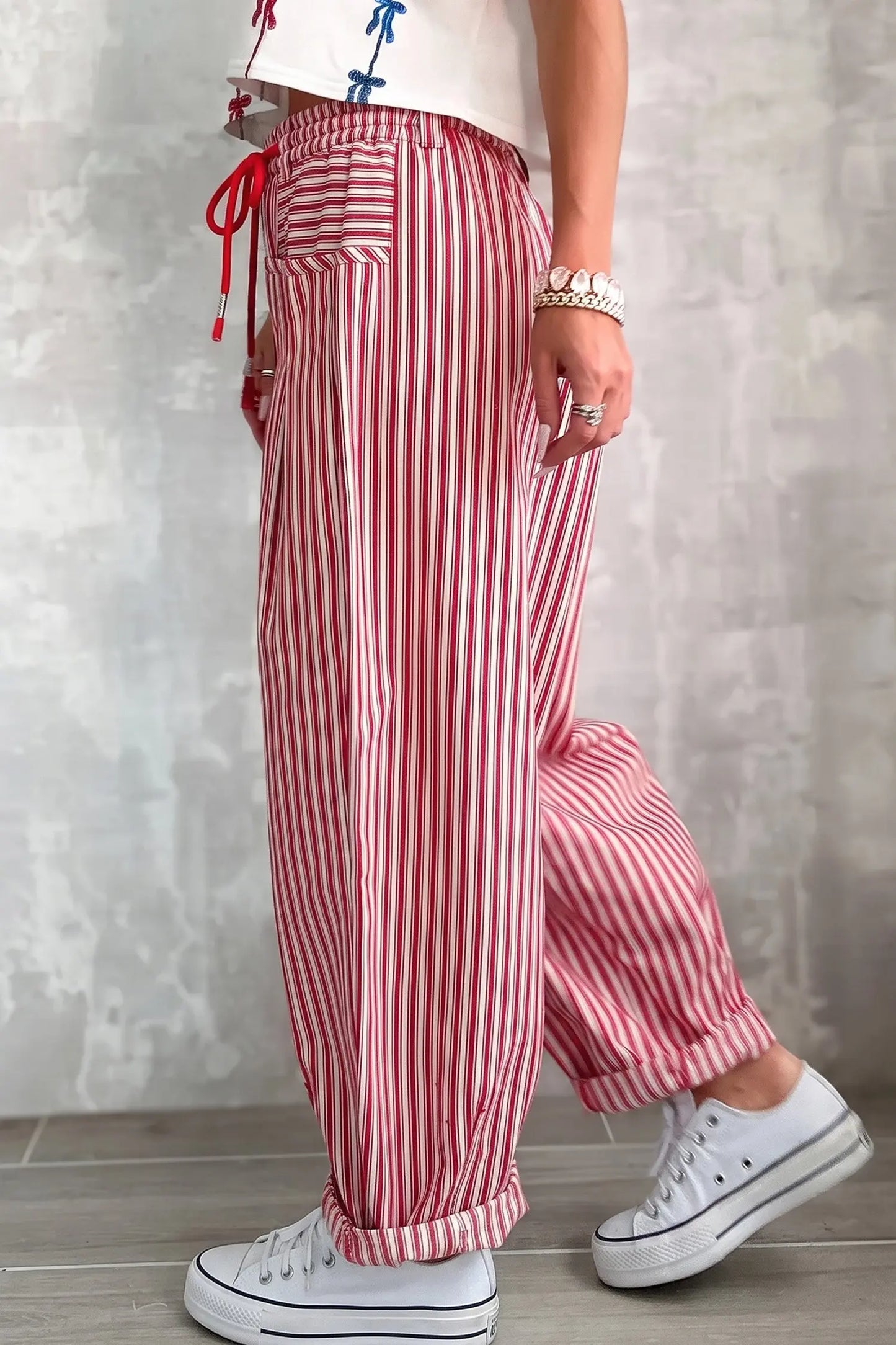 Red Stripe Drawstring Casual Loose Pants