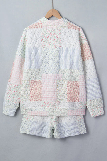 Multicolour Floral Quilted Mock Neck Top and Short Set