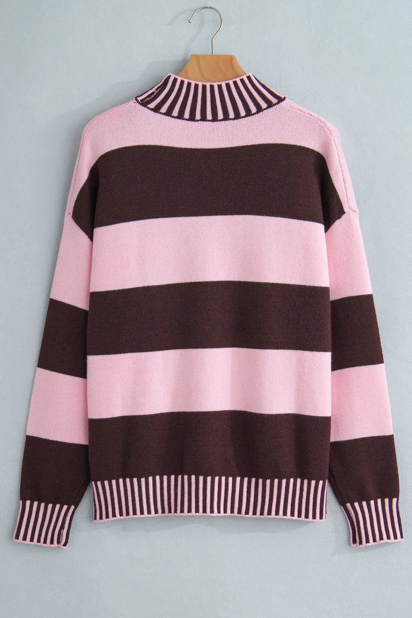 Pink Stripe Contrast High Neck Dropped Shoulder Relaxed Pullover Sweater