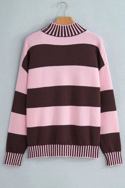 Pink Stripe Contrast High Neck Dropped Shoulder Relaxed Pullover Sweater