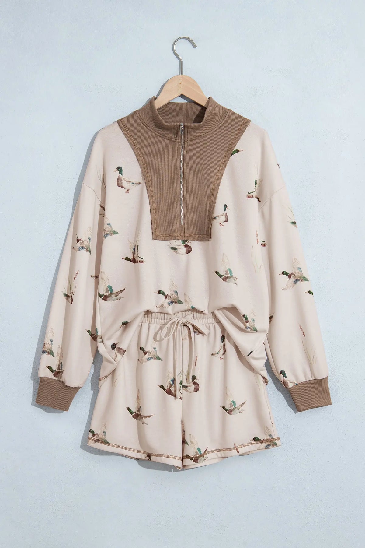 Khaki mallard print color block zip pullover and shorts set, hanging view · nz-alt-v1