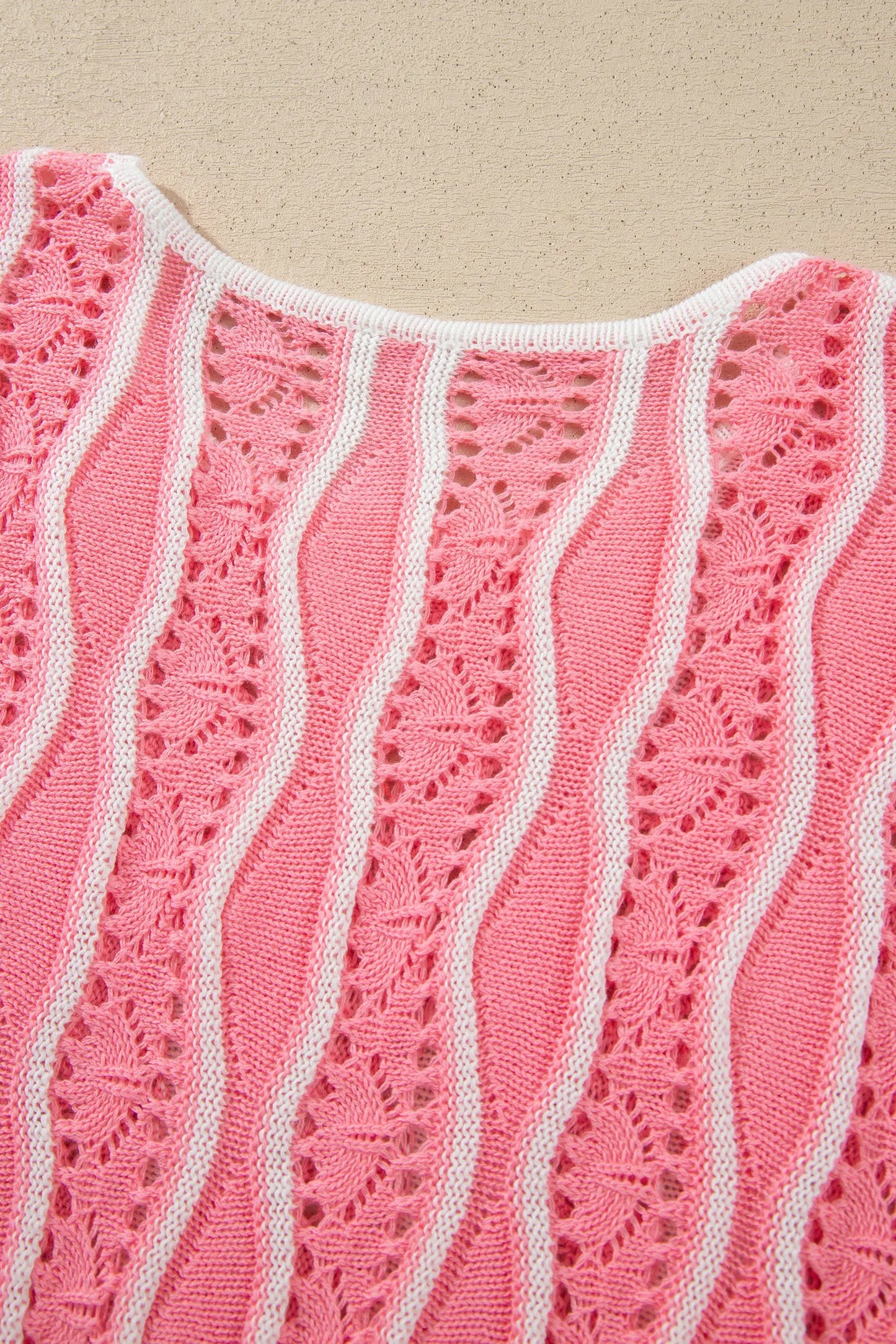 Khaki Wavy Detail Hollow Out Knit Long Sleeve Cotton Pullover Sweater