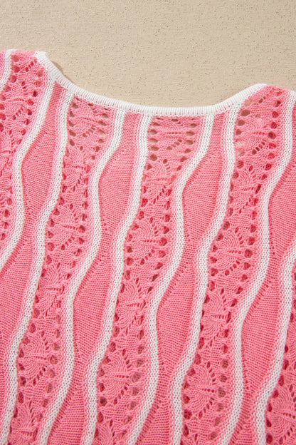 Khaki Wavy Detail Hollow Out Knit Long Sleeve Cotton Pullover Sweater