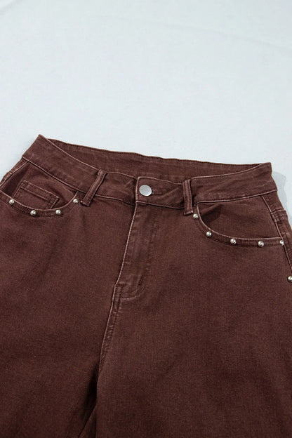 Coffee Side Seam Rivet Detail Ankle Length Casual Jeans