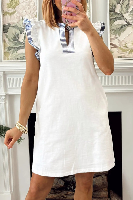 White Contrasted Striped Patchwork Split Neck Ruffle Trim Sleeveless Dress - White / S / 80% Polyester + 20% Cotton