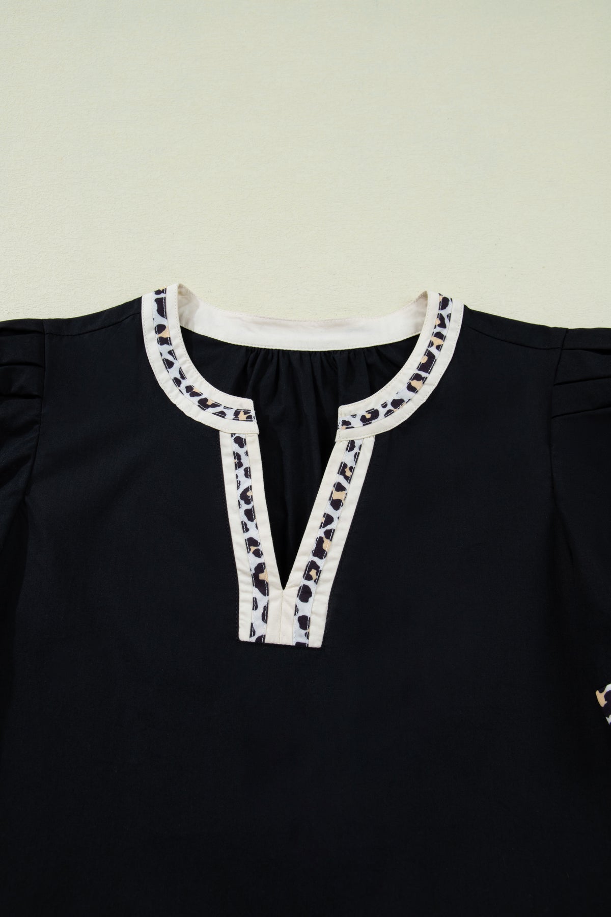 Cotton Black Leopard Trim Notched Neck Short Puff Sleeve Shift Mini Dress