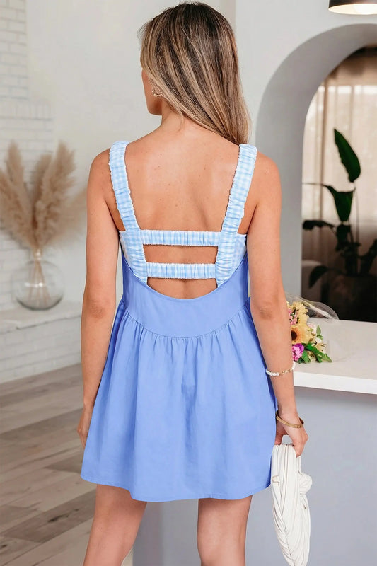 Beau Blue Faux Two Piece Gingham Contrast Patchwork Loose Mini Dress model back view · nz-alt-v1