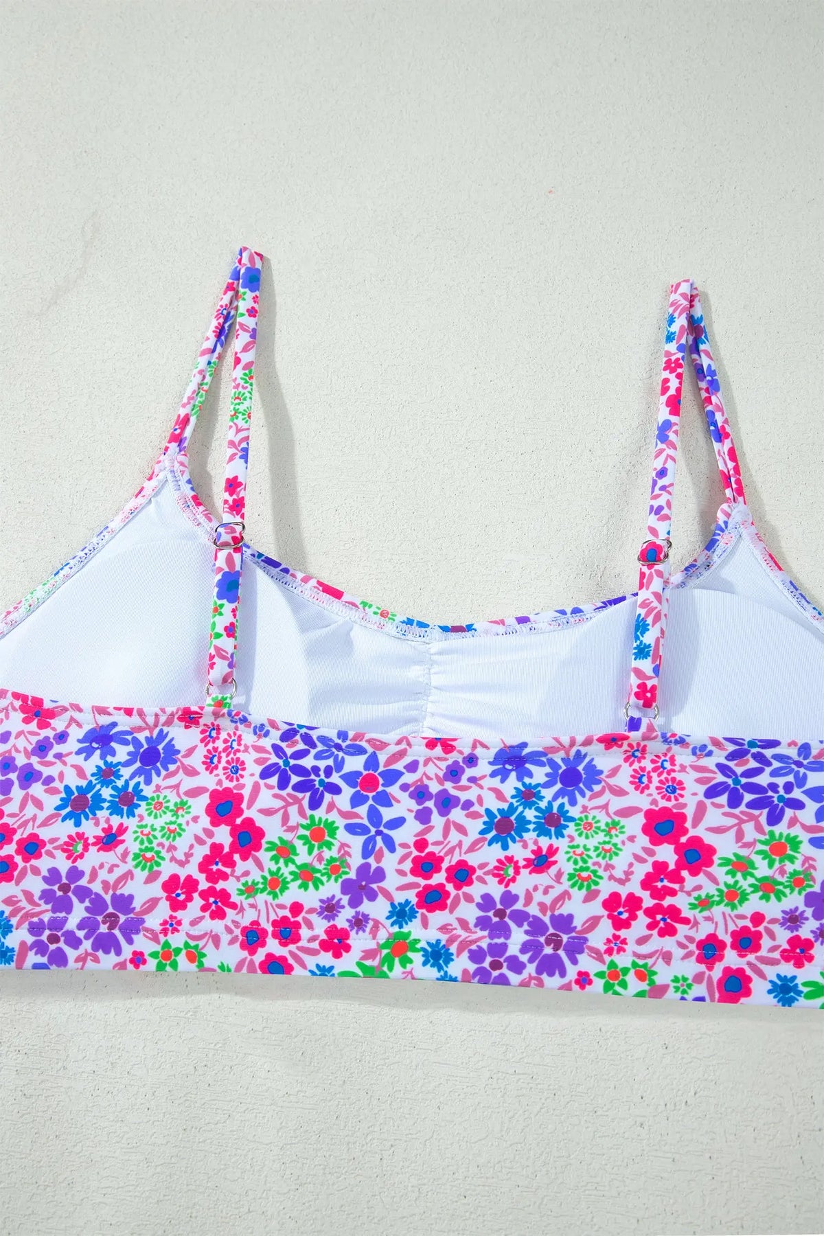 Purple Floral Print Lace Trim Spaghetti Strap Ruched Bikini High Waist Swimsuit