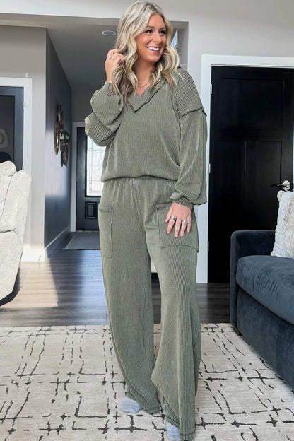 Four Leaf Clover Twisted Ribbed Exposed Seam Detail V Neck Pullover Plus Size Pant Set