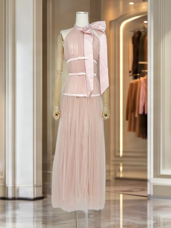 Blush Pink Halter Bow Tulle Maxi Gown mannequin view · nz-bg-v1