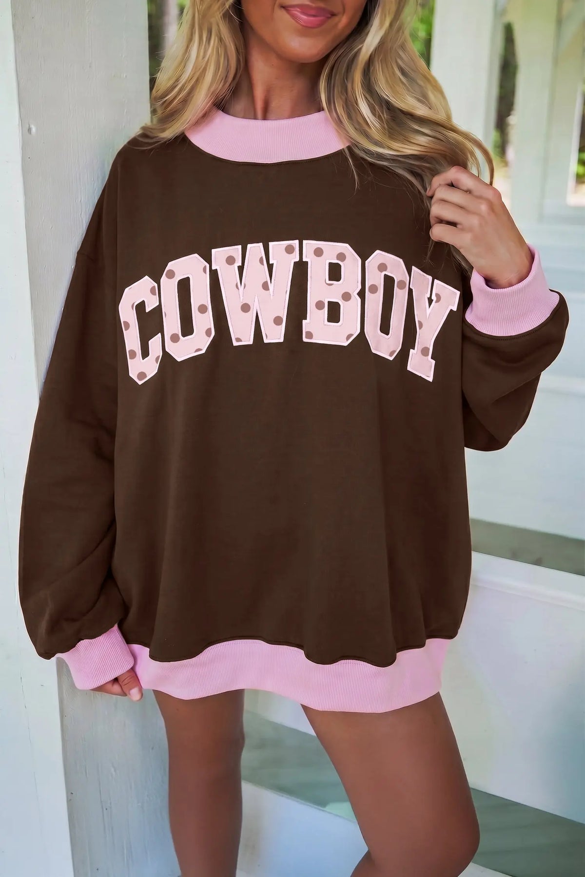 Coffee Polka Dot Letter Graphic Colorblock Tunic Sweatshirt model front view · nz-alt-v1