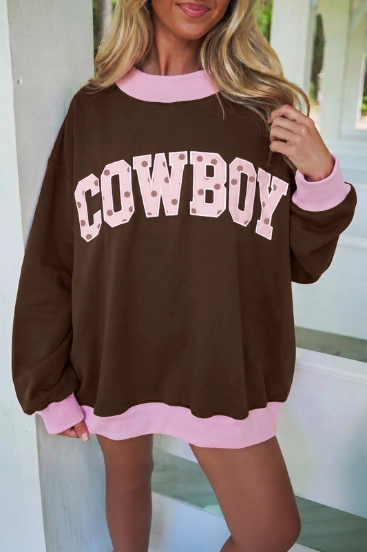 Coffee Polka Dot Letter Graphic Colorblock Tunic Sweatshirt model front view · nz-alt-v1