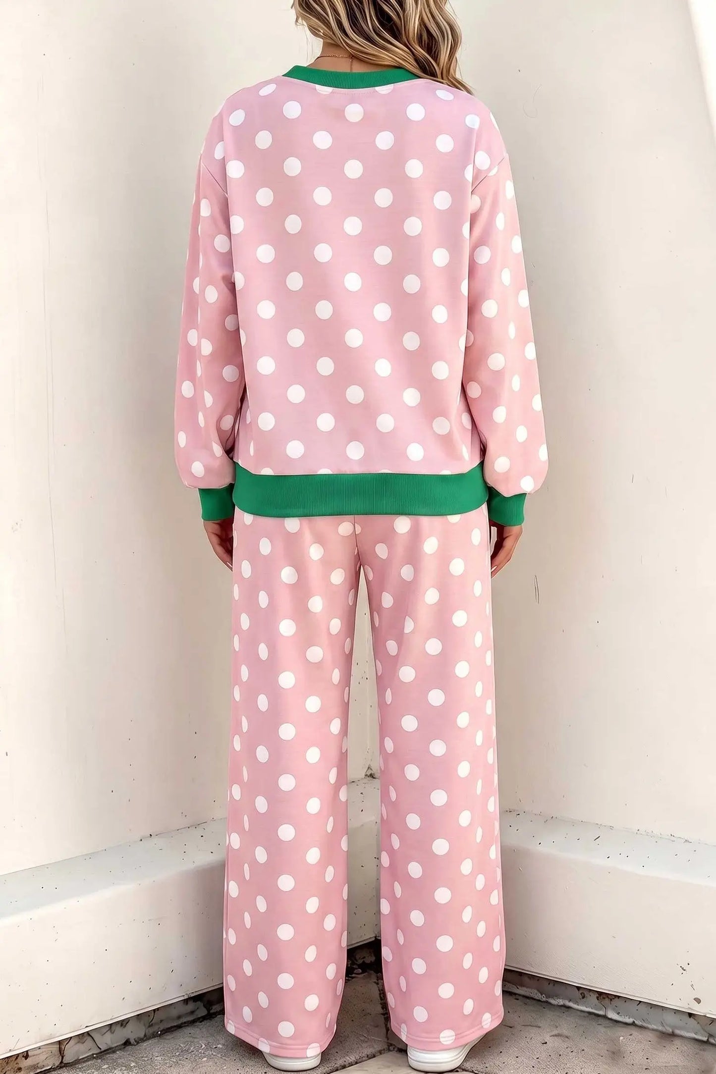 Pink Polka Dot Contrast Trim Long Sleeve Top Drawstring Shift Pants Set