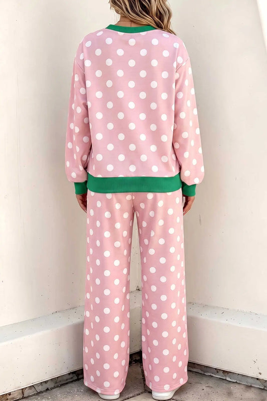 Pink Polka Dot Contrast Trim Long Sleeve Top Drawstring Shift Pants Set