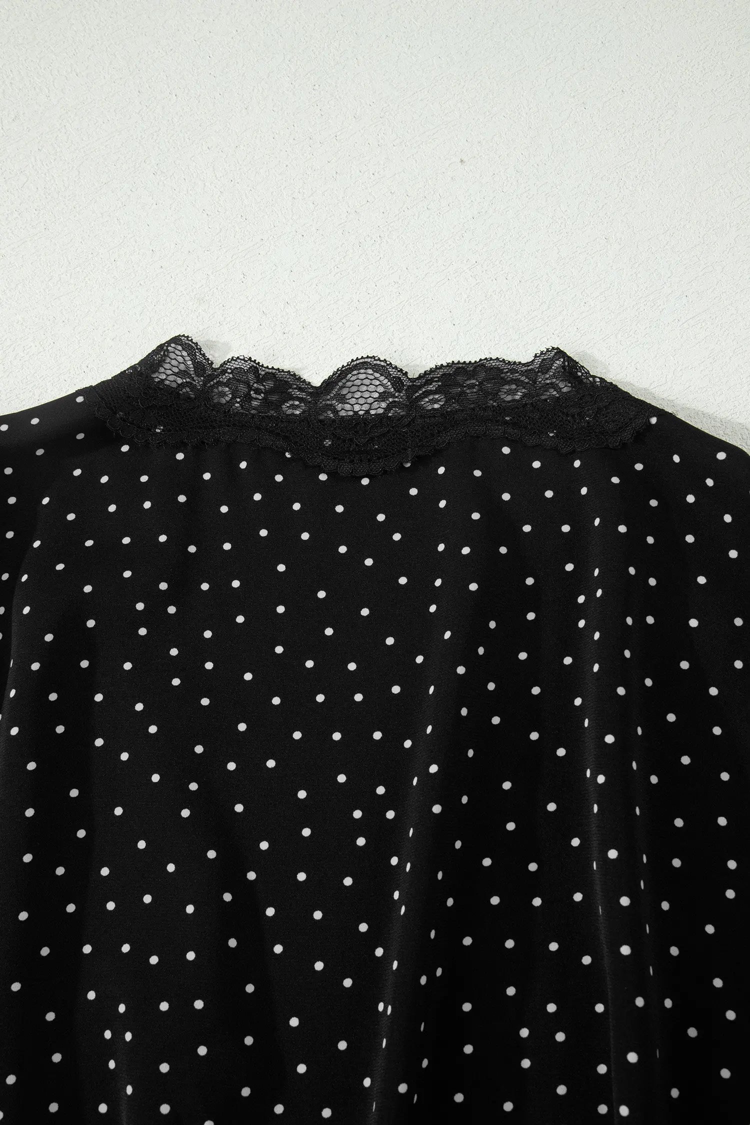 Black Polka Dot Print Lace Trim Wrap Mini Dress - Casual Dresses