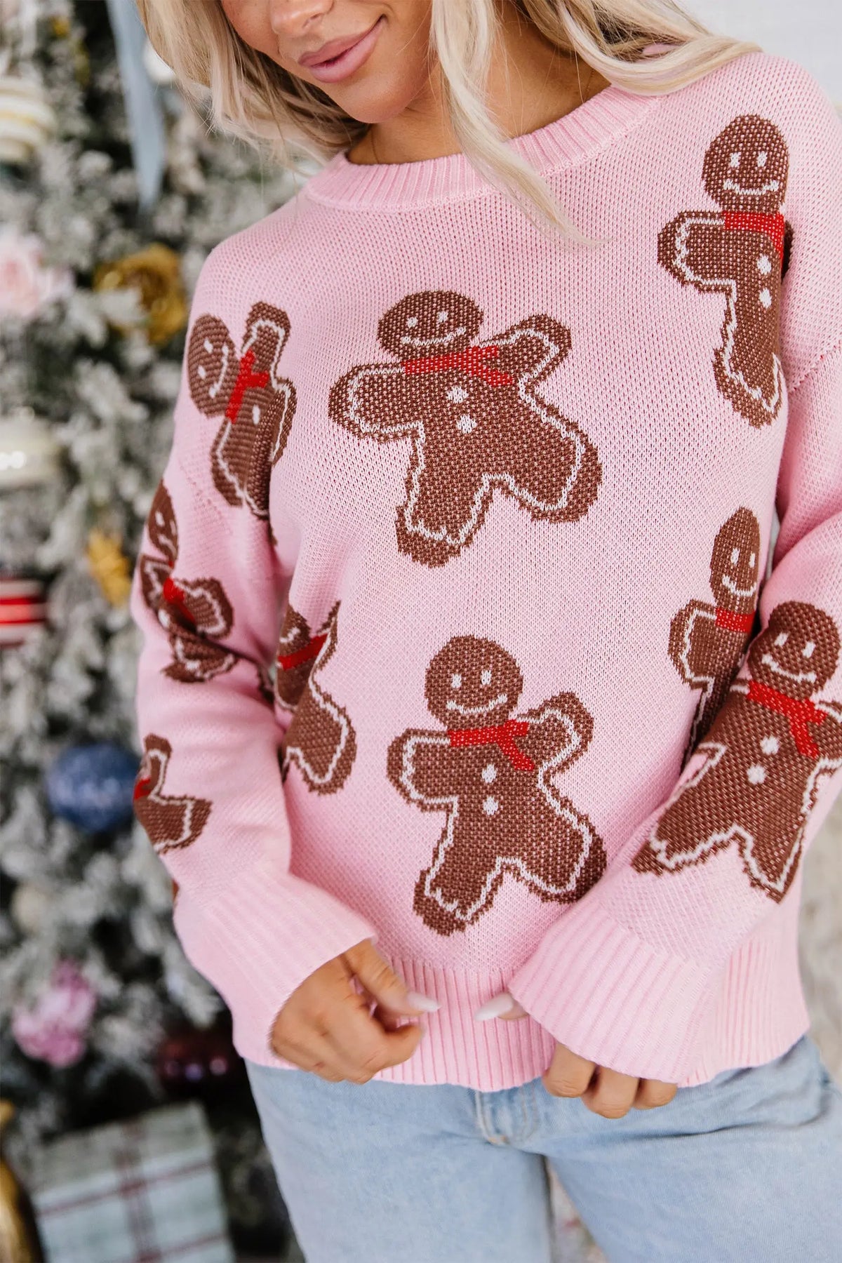 Pink Gingerbread Pattern Round Neck Long Sleeve Shift Sweater model front detail view · nz-alt-v1