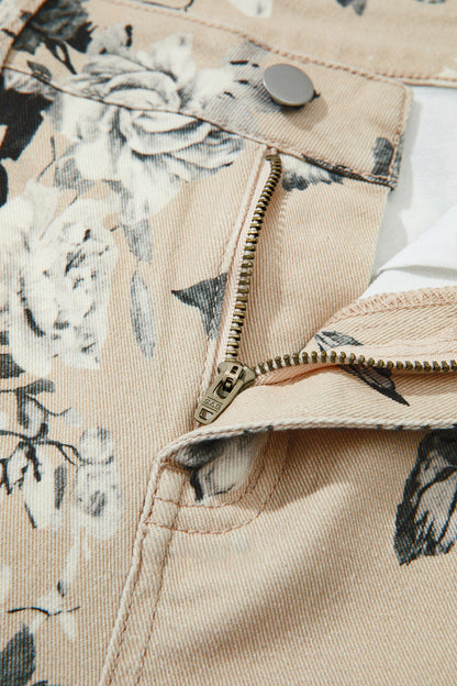 Beige Retro Floral Print Turn-up Cuffed Hem Loose Jeans