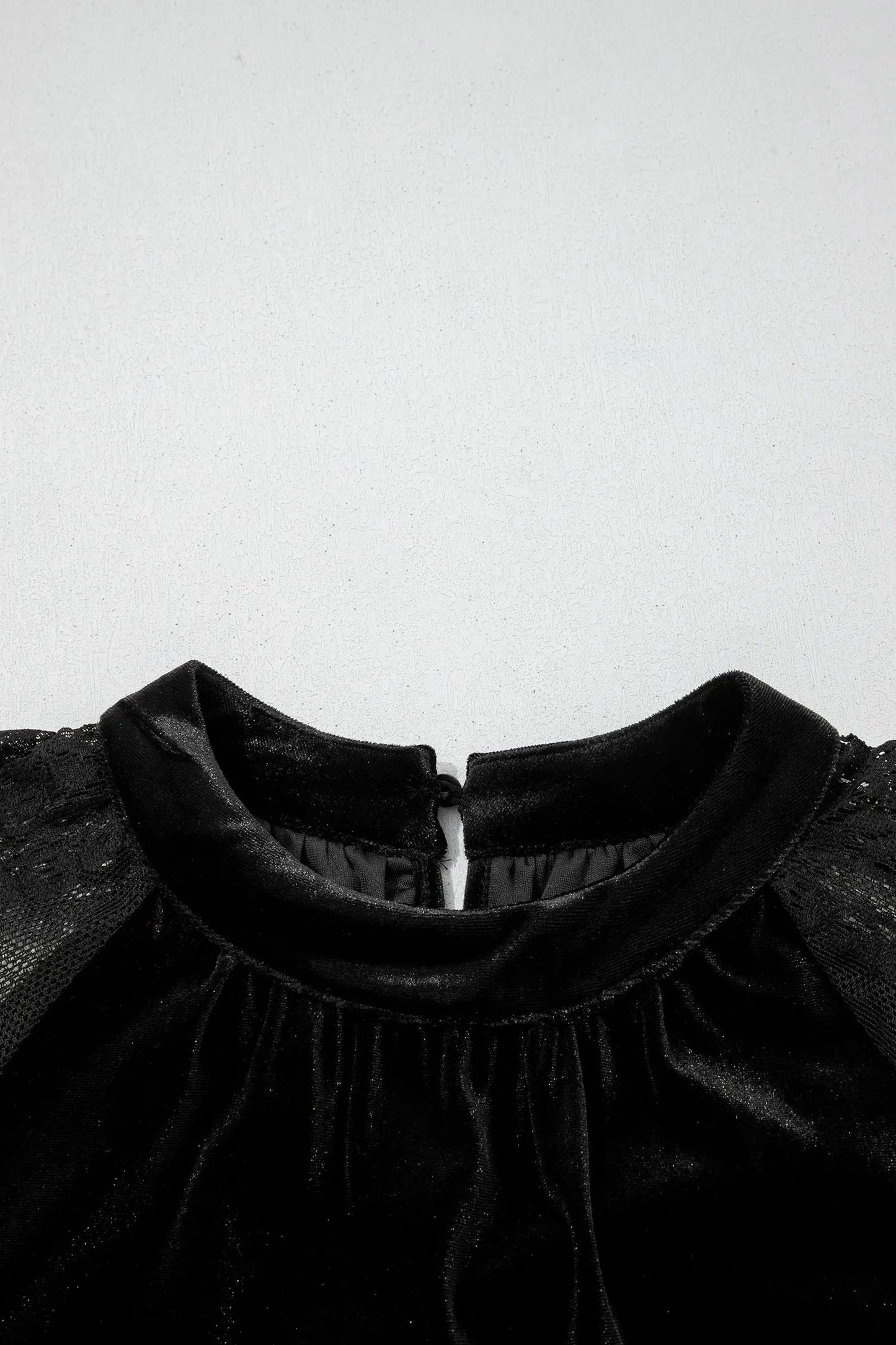 Color Black Solid Color Sheer Lace Long Sleeve Patchwork Stand Neck Velvet Blouse