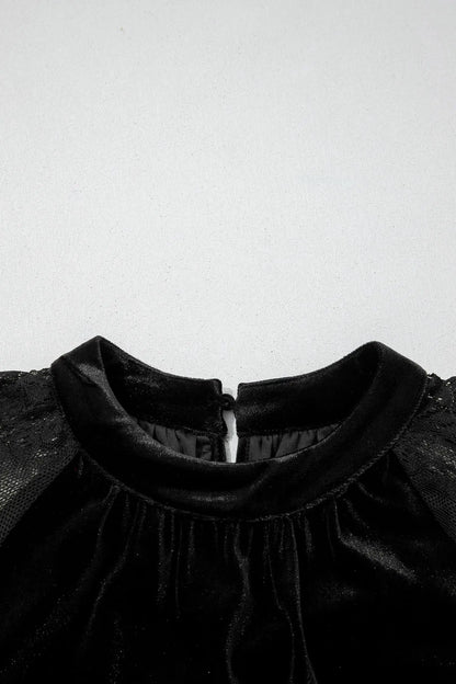 Color Black Solid Color Sheer Lace Long Sleeve Patchwork Stand Neck Velvet Blouse