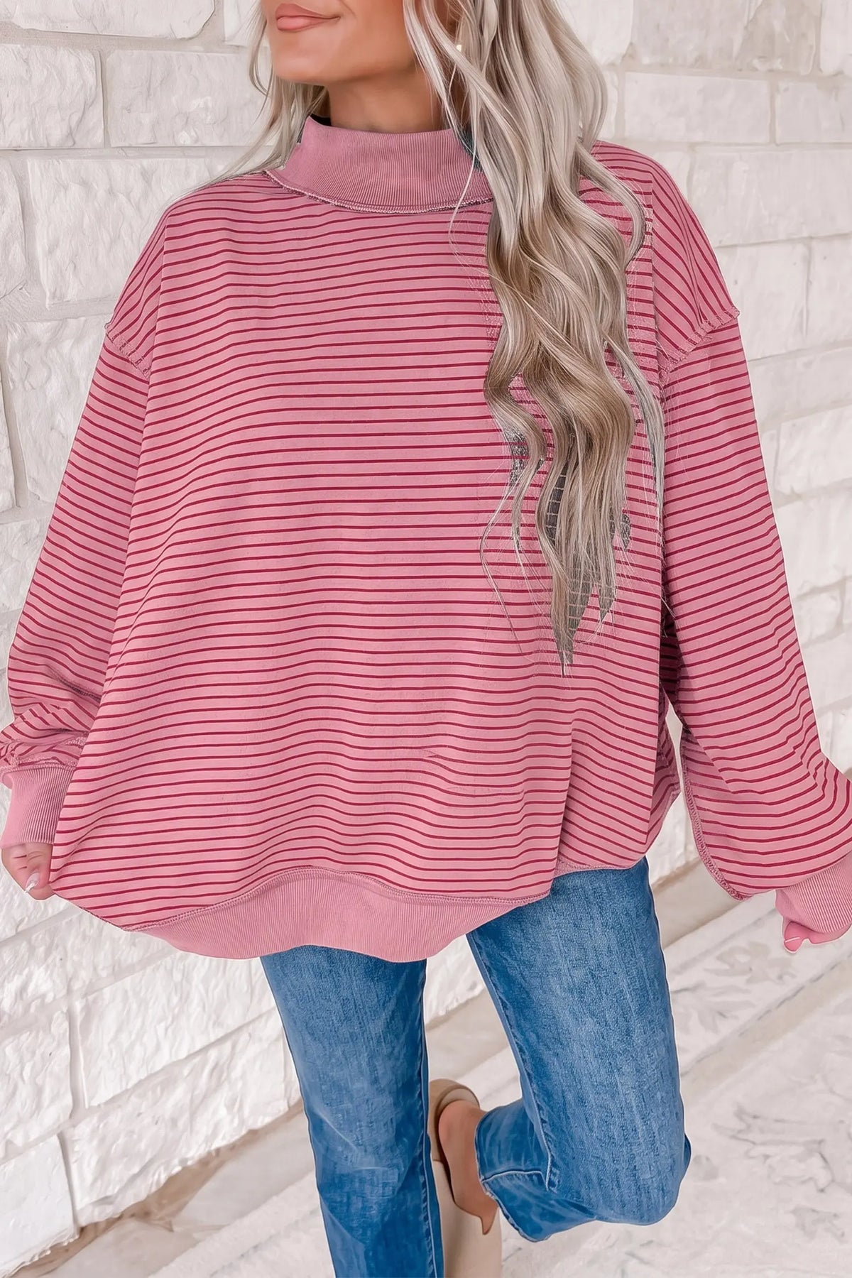 Khaki Stripe Ribbed Color Block Mock Neck Oversized Sweatshirt