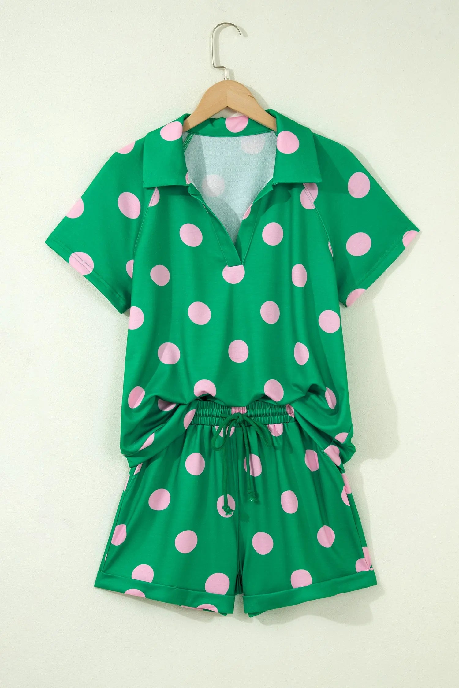 Beige Polka Dot Print V Neck Tee Short Set Nataliz