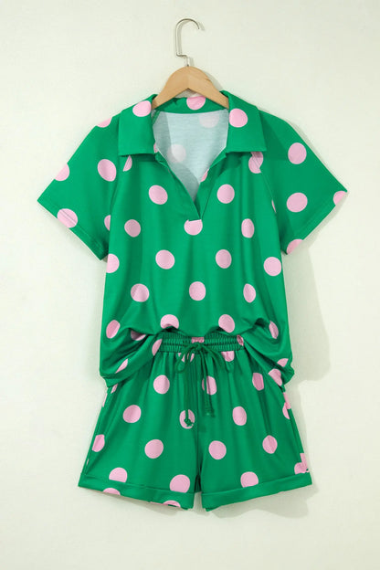 Beige Polka Dot Print V Neck Tee Short Set Nataliz