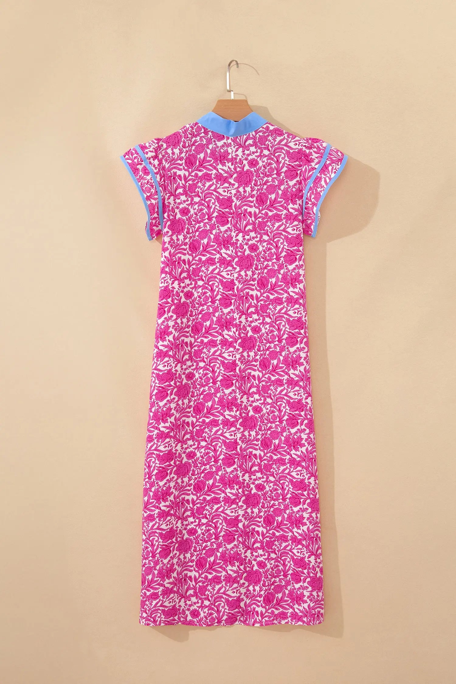 Pink Floral Print Color Block Patchwork V Neck Short Sleeve Midi Dress Nataliz