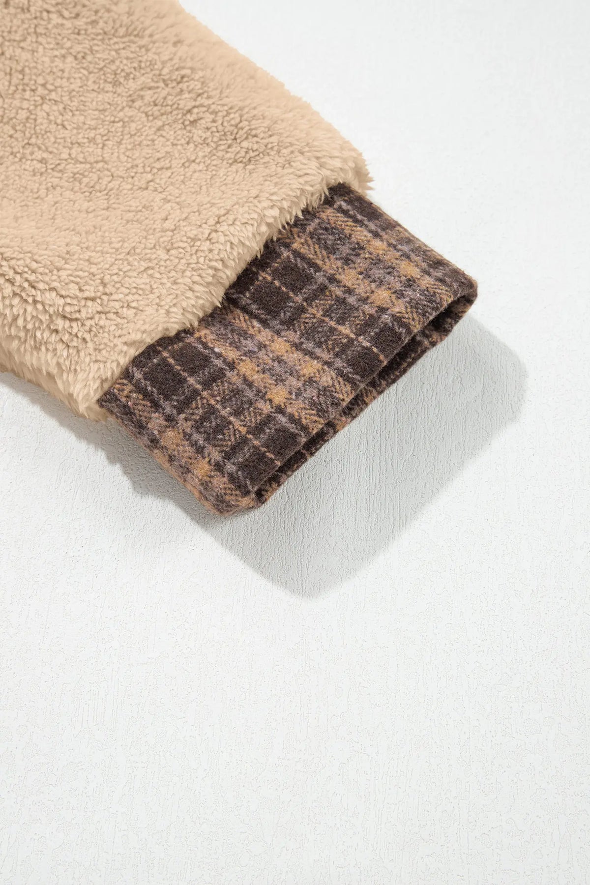 Light French Beige Plaid Collar Button Front Fleece Pullover Sweatshirt