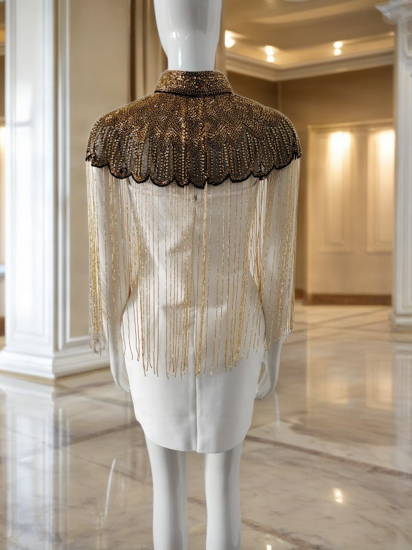 Ivory Mini Dress with Gold Beaded Fringe Capelet mannequin view · nz-bg-v1