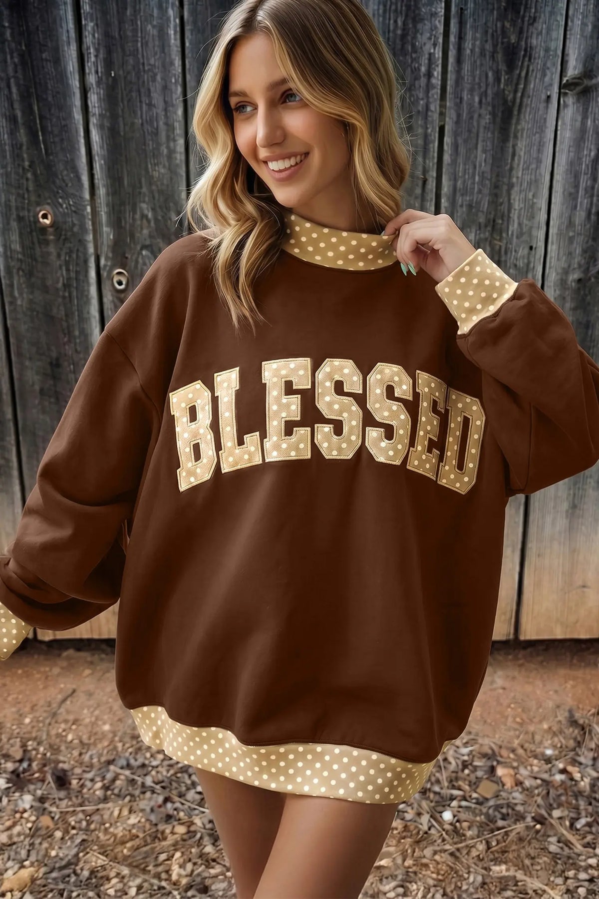 Polka Dot Trim High Neck GRACE Letter Graphic Baggy Sweatshirt